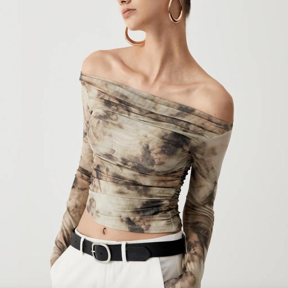 COMMENSE Terracotta Tulle Mesh Off Shoulder Long Sleeve Crop Top